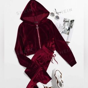 Red Velvet Zip Up Hoodie & Sweatpants Cozy Set